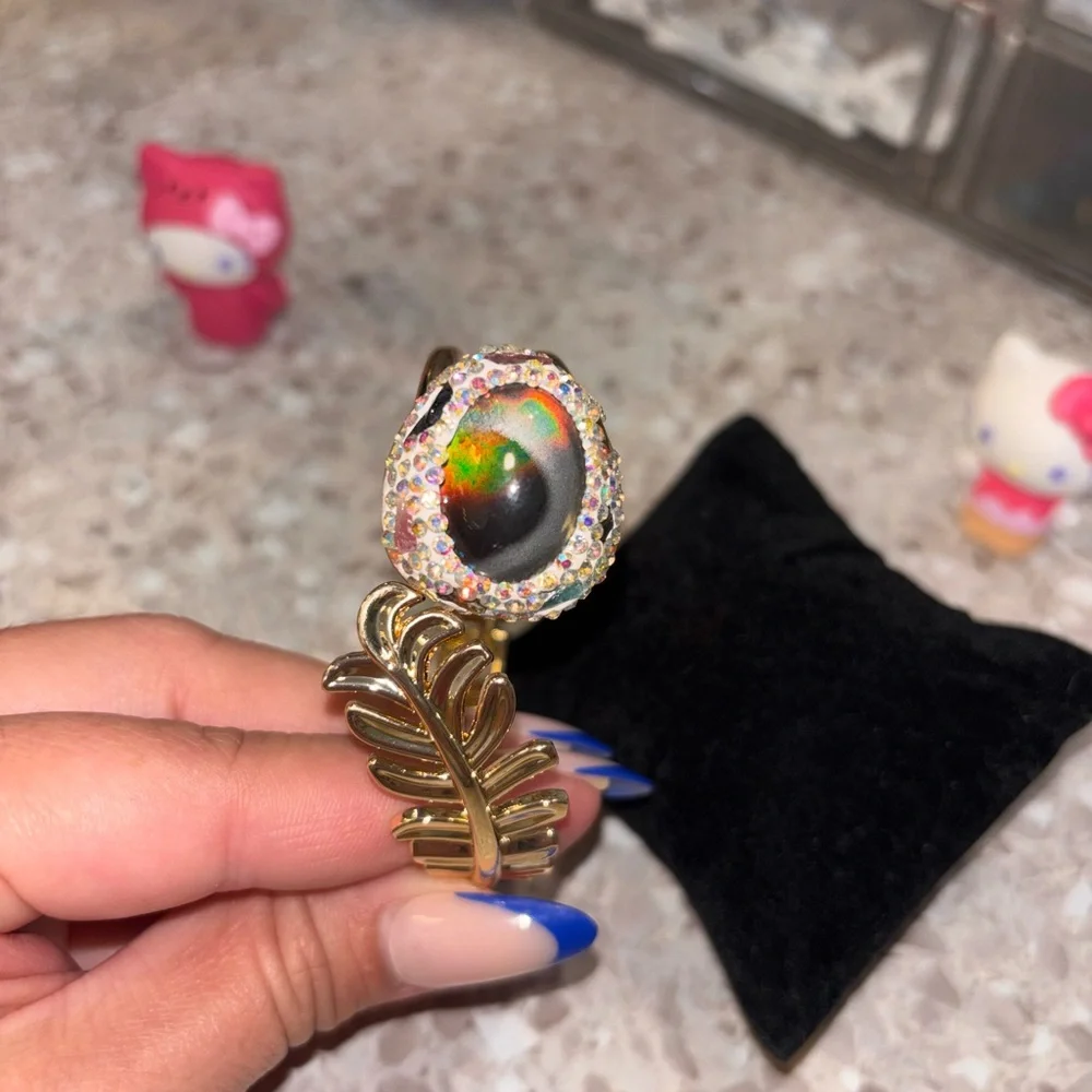 Gold Leaf Cuff Bracelet with Iridescent Gem